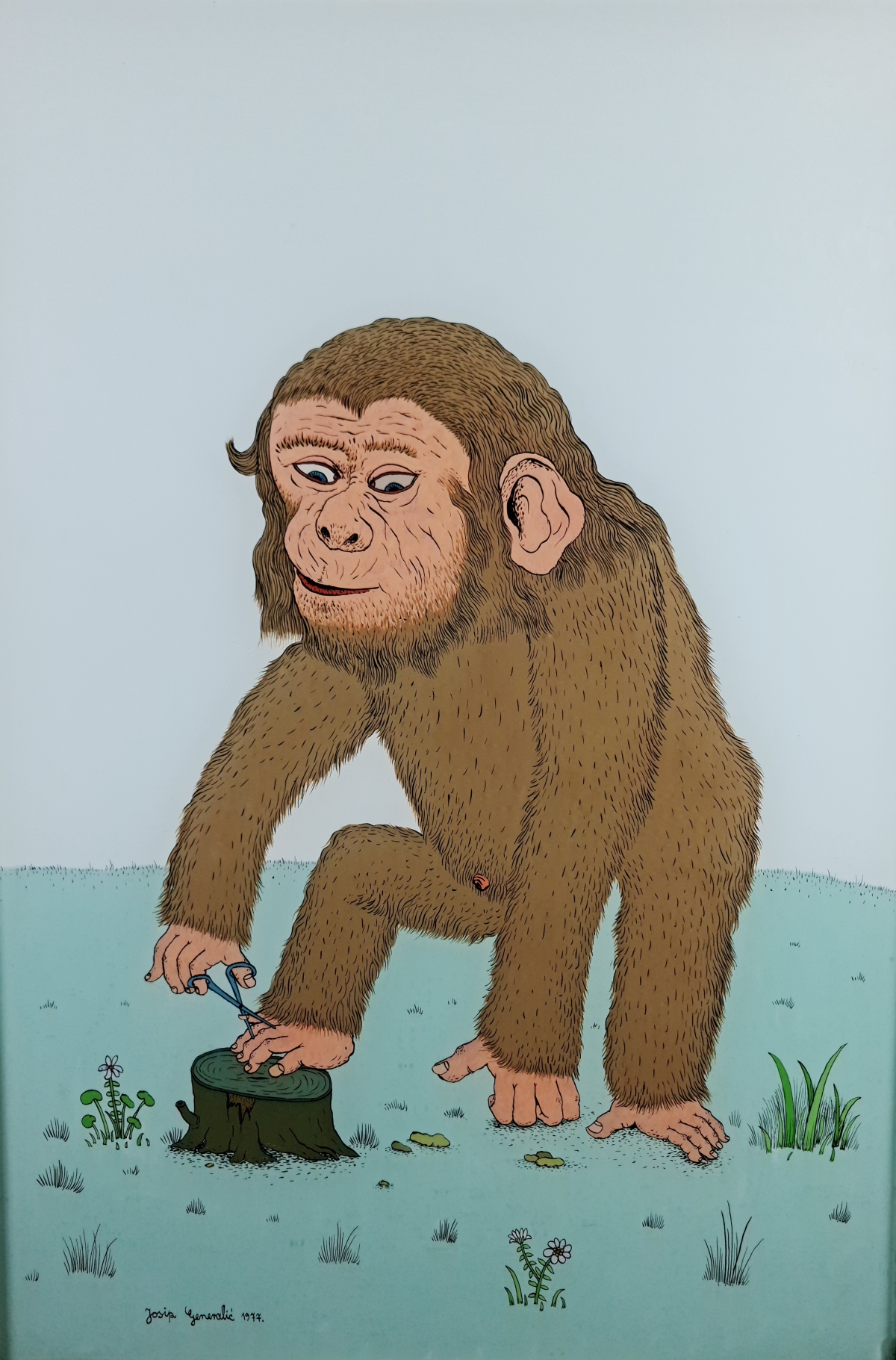 Josip Generalić Majmunčić reže nokte 55x80cm Ulje na staklu 1977